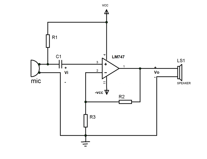 LM747 MIC前放大器电路